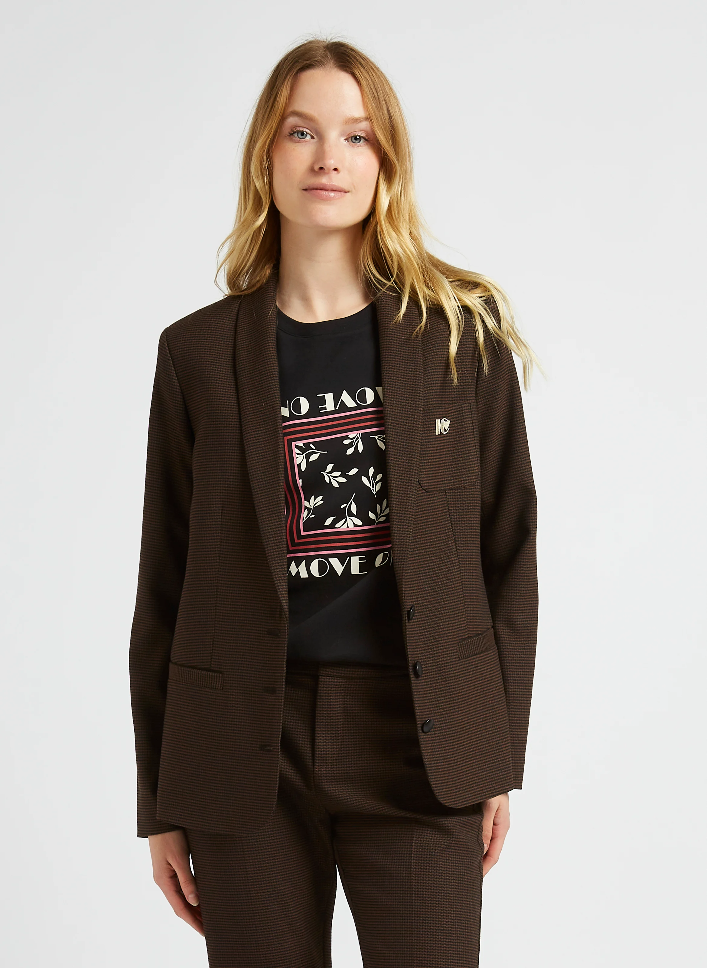 Veste droite col châle à carreaux| Marron