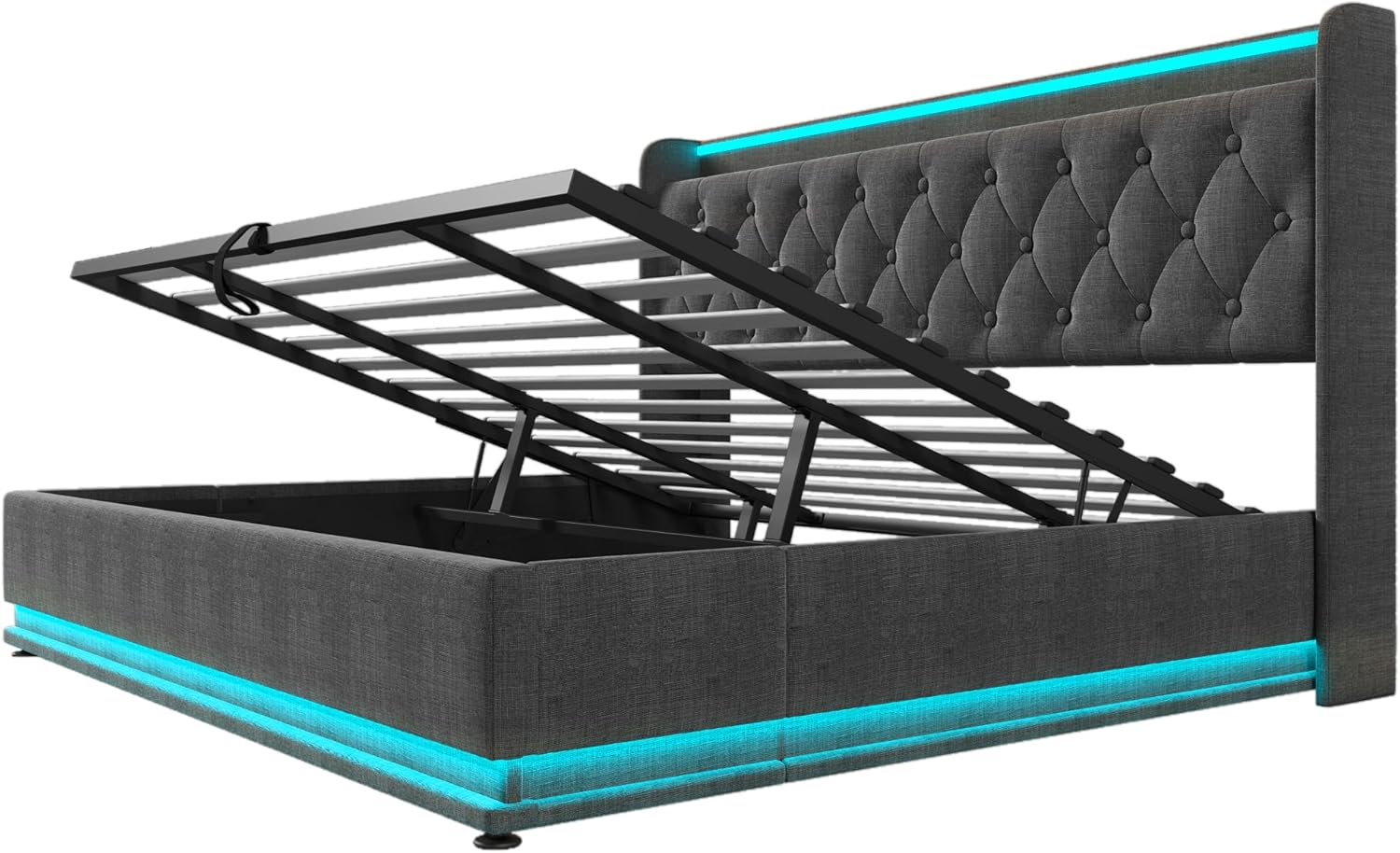 Polsterbett Doppelbett 180x200, LED Jugendbett Hydraulisch Stauraumbett Funktionsbett Bettgestell mit Stauraum & Lattenrost, Kopfteil mit USB Typ-C Ladefunktion & Staufach, Leinen, Ohne Matratze, Grau