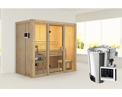 Karibu Avarni 2 modulaire sauna inclusief 3,6 kW biooven en externe bedieningseenheid, zonder dakrand, met gebronsde volledig glazen deur