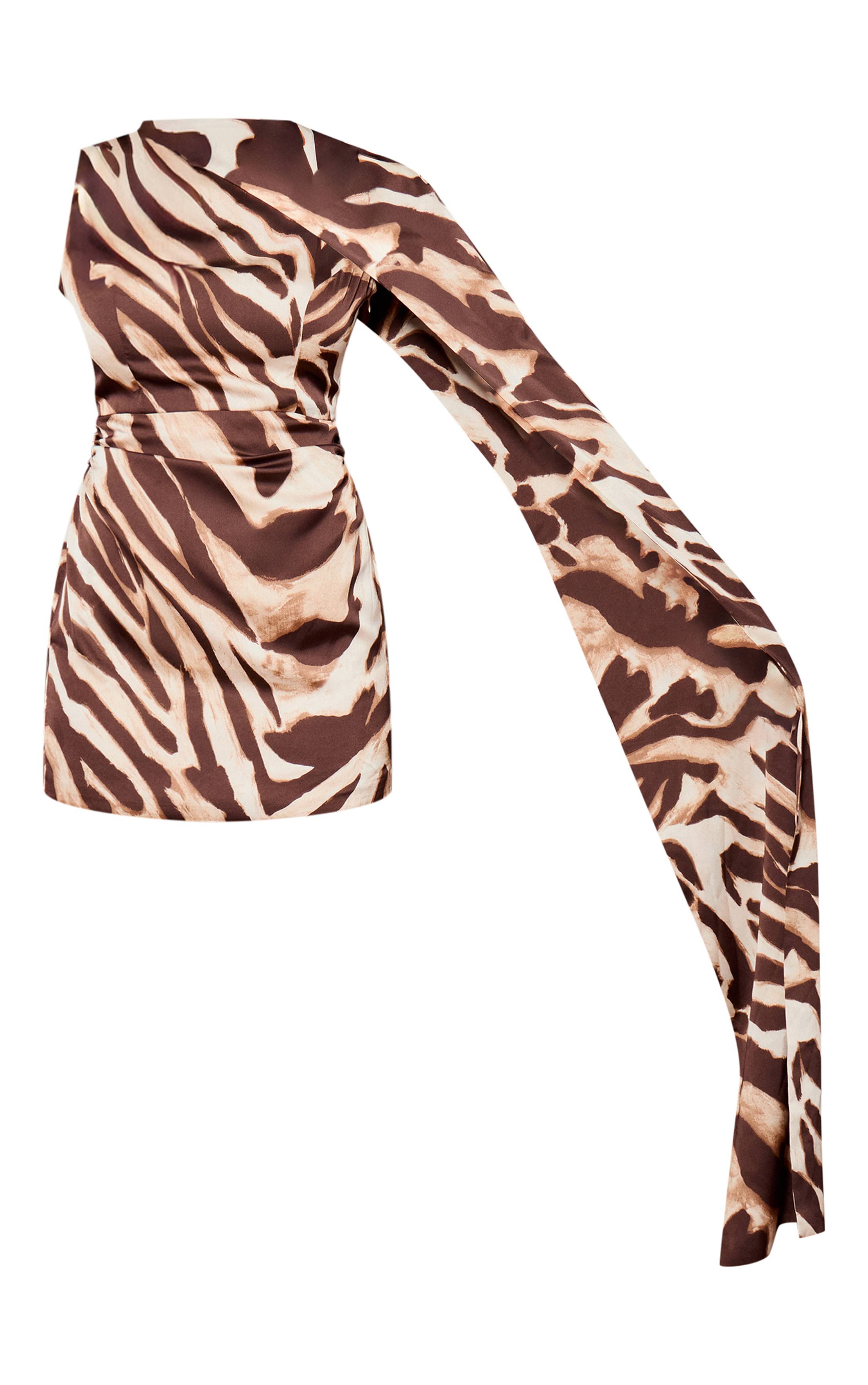 Marron Robe Moulante Mini À Imprimé Zèbre Avec Détail Drapé