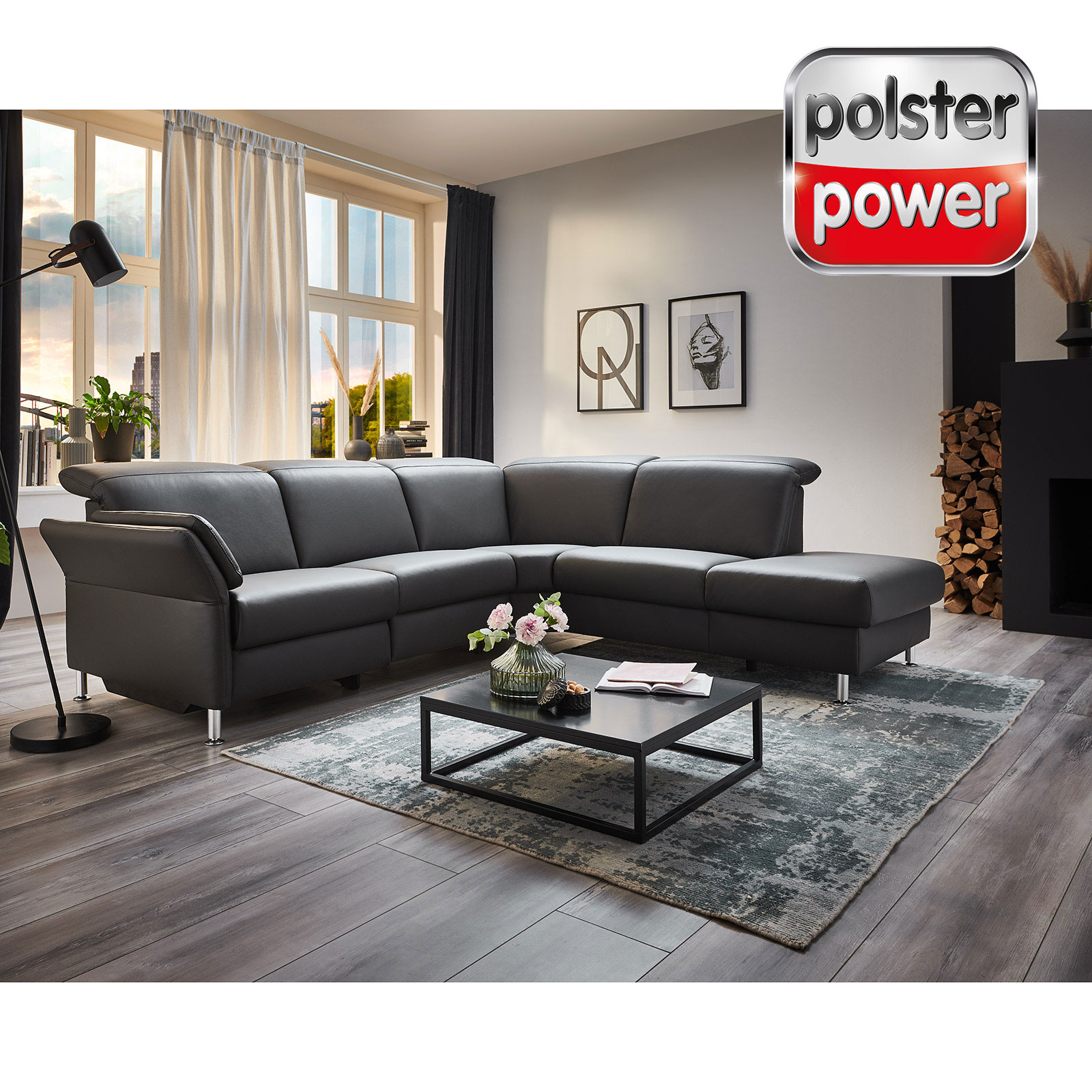polsterpower Ledersofa - anthrazit - Basismodell - Anstellhocker rechts