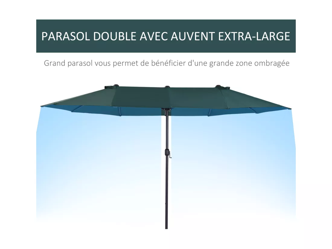 Parasol de jardin XXL parasol grande taille 4,6L x 2,7l x 2,4H m ouverture fermeture manivelle acier polyester haute densité vert