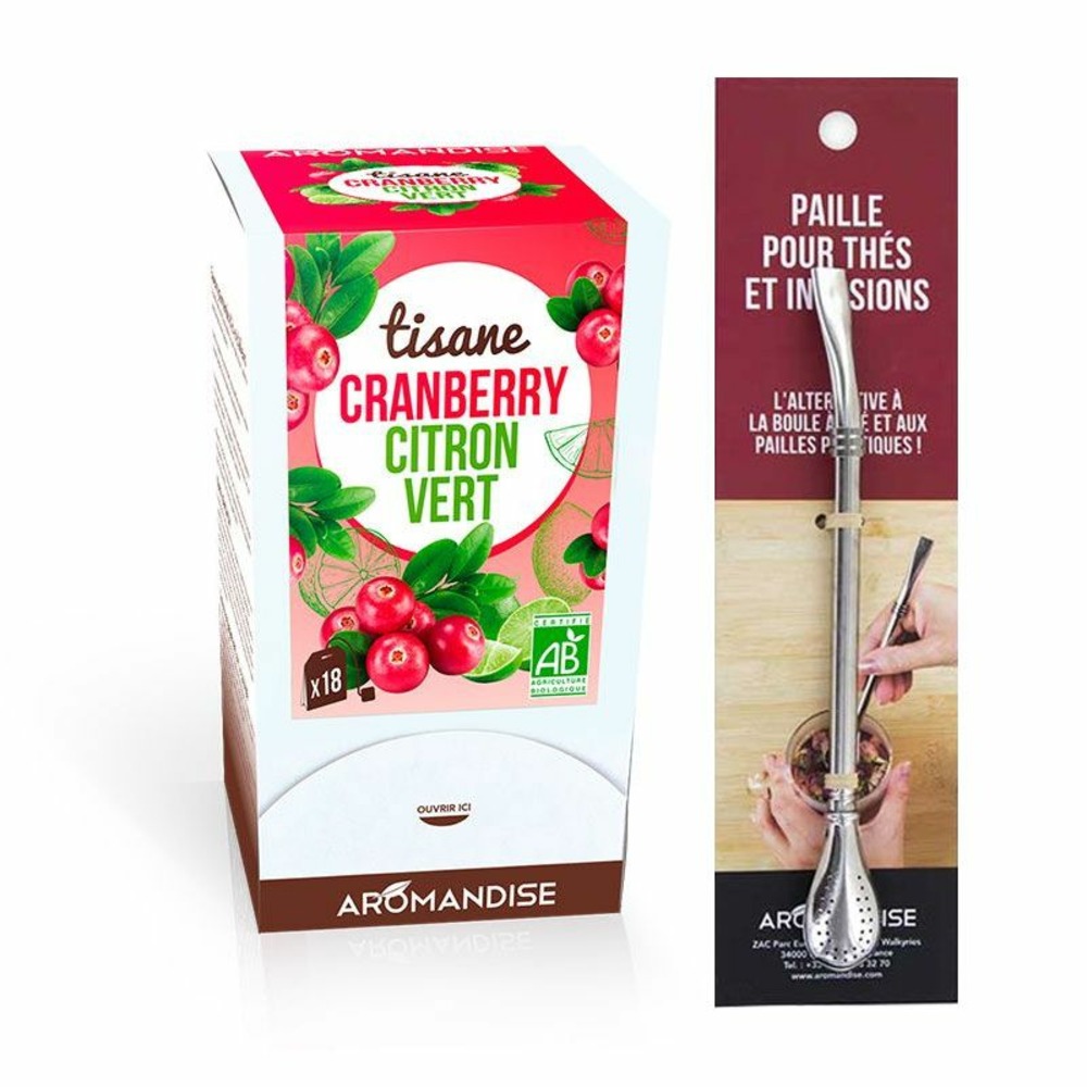 Tisane cranberry et citron vert biologique 18 sachets + paille inox avec filtre