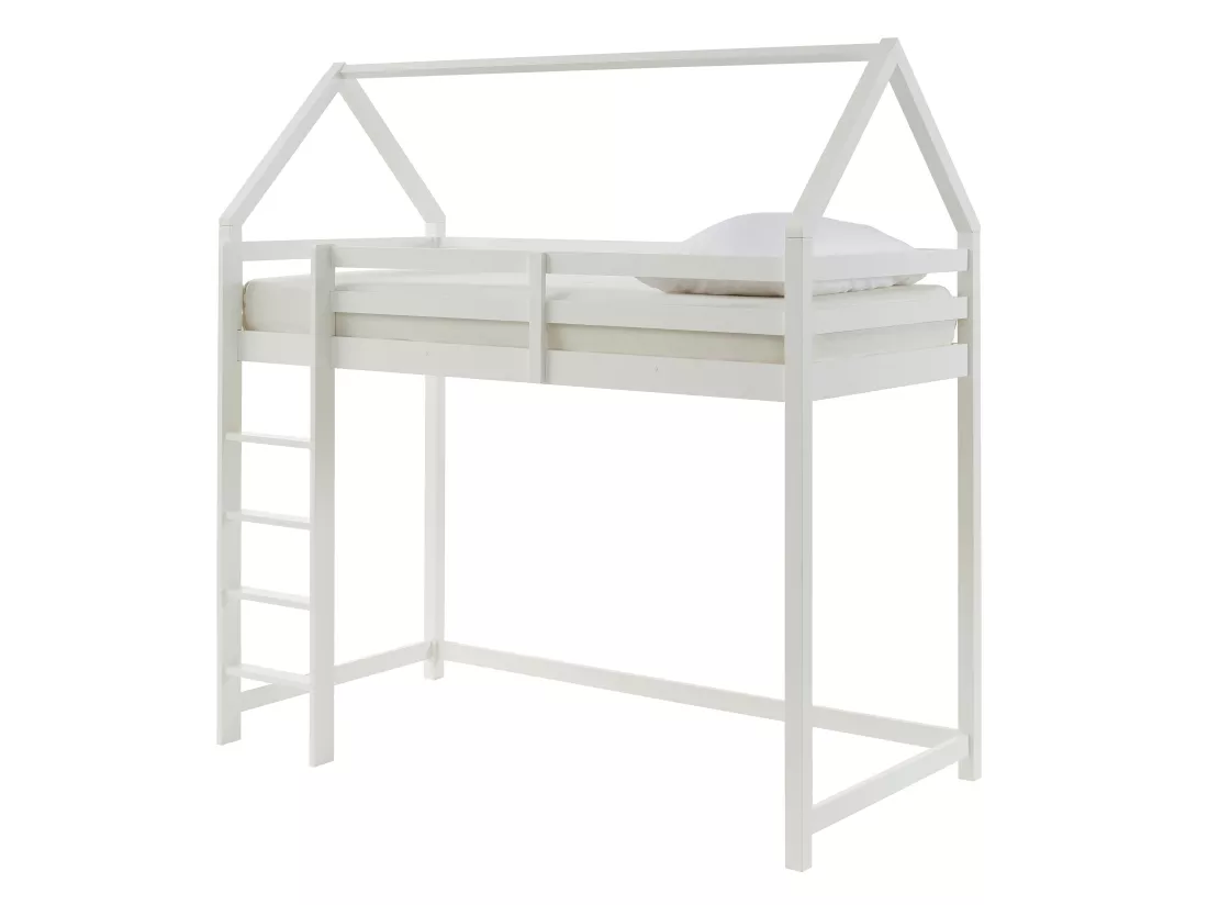Lit mezzanine cabane 90 x 190 cm - Pin - Blanc + Matelas - TARZIA