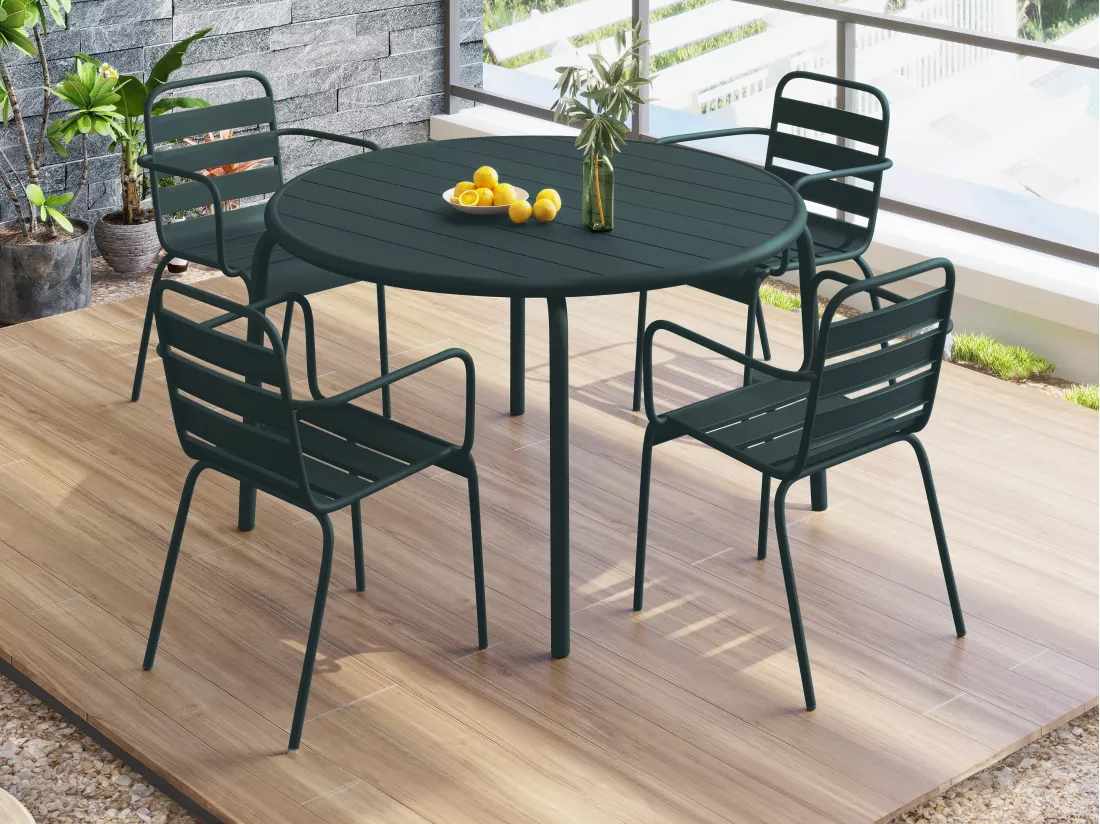 Salle à manger de jardin en métal - une table D.110 cm et 4 fauteuils empilables - Vert sapin - MIRMANDE de MYLIA
