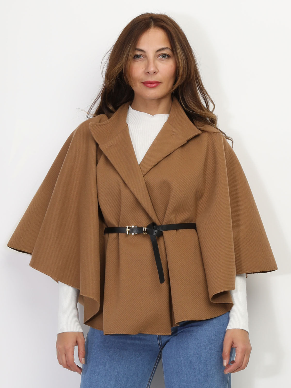 Cape ceinturée avec boutons- Camel