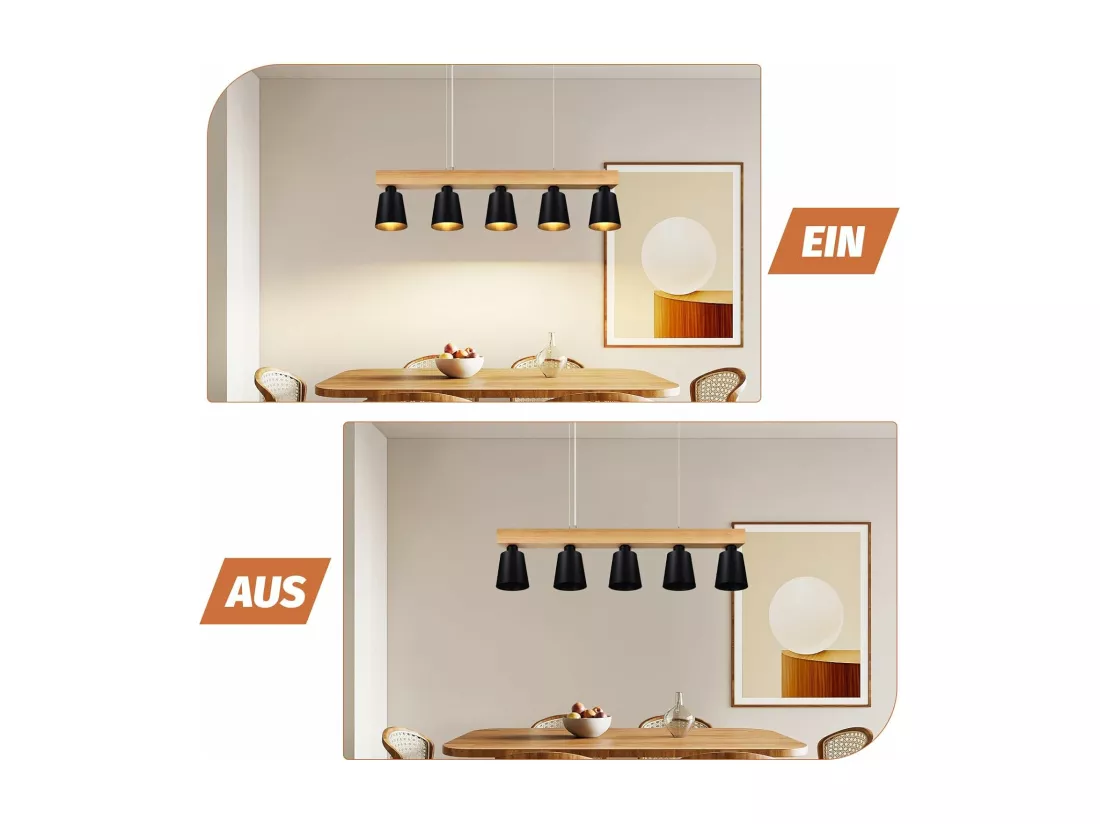 NETTLIFE Suspension 5 Ampoules E27 Noir Diam.102cm Moderne Métal et Bois Lampe de salle à Manger pour Chambre Cuisine Couloir