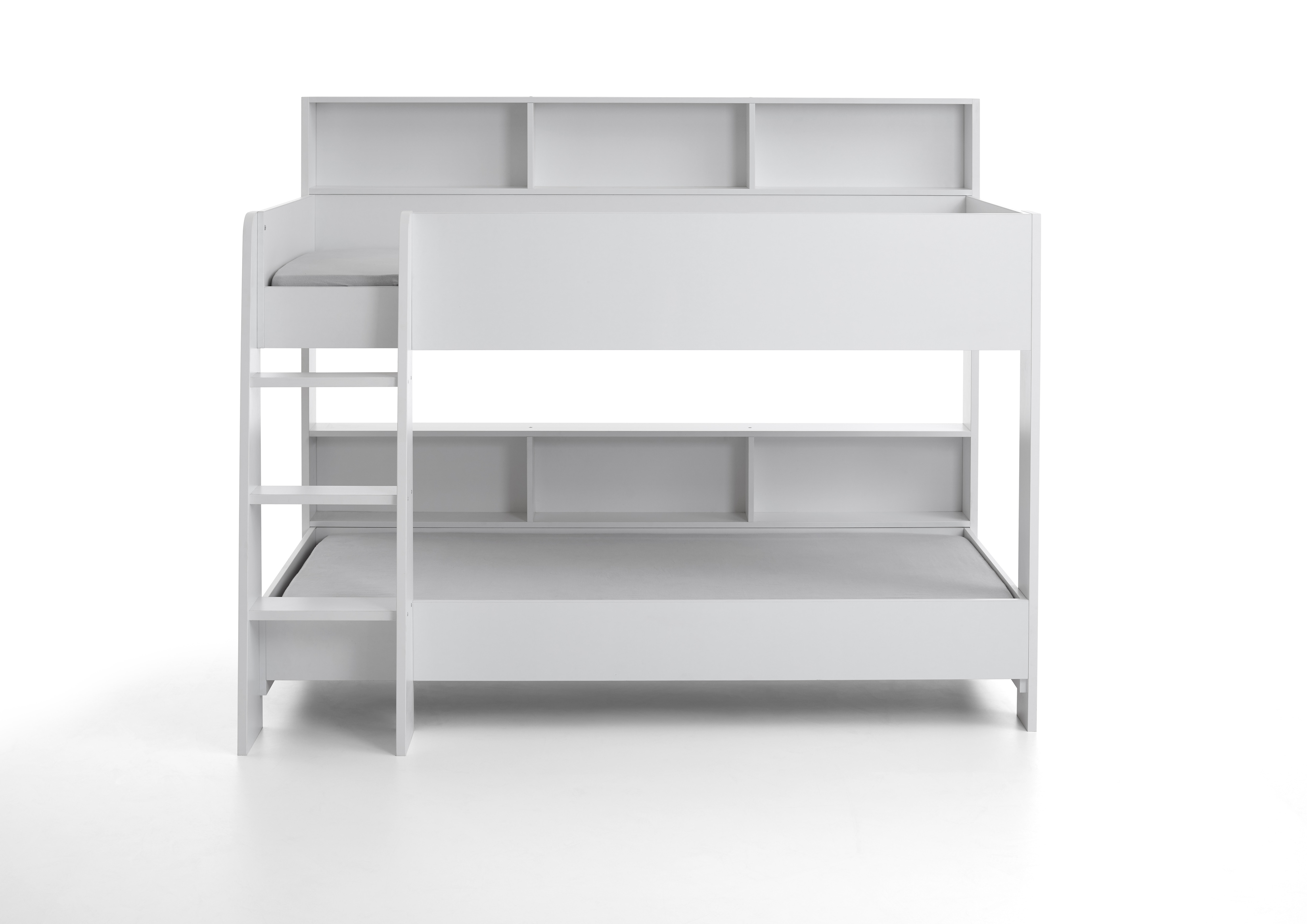 Relita - Etagenbett SWAY mit 2 x Liegeflächen 90x200 cm, inkl. Bodenplatte und Regalen, Ausführung Spanplatte weiß Dekor