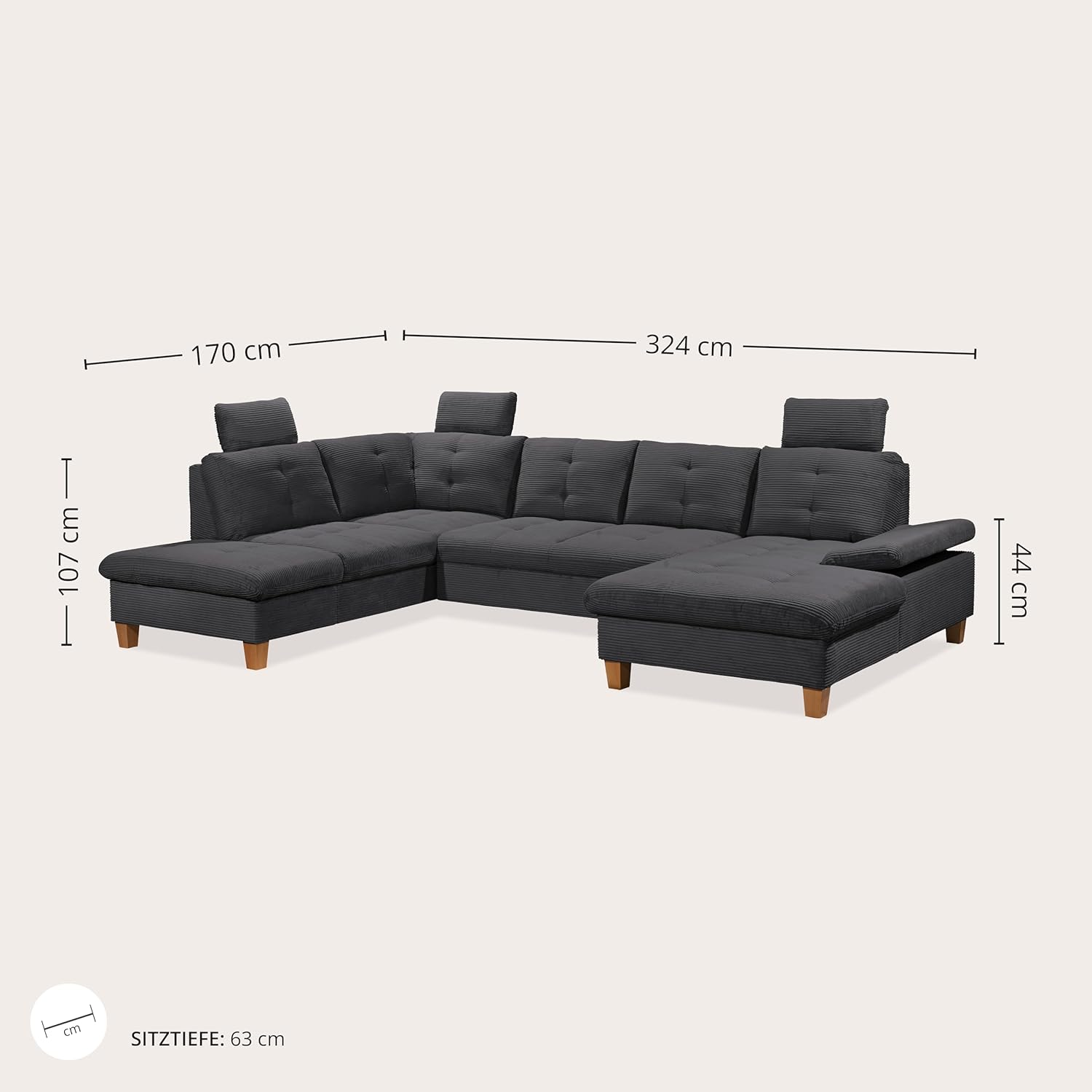 Wohnlandschaft Ascot mit Cord-Bezug und Schlaffunktion in Anthrazit, U-Form inkl. Kopfstützen, Bettkasten und Verstellbarer Armlehne - 324 x 107 x 218 cm (B/H/T)
