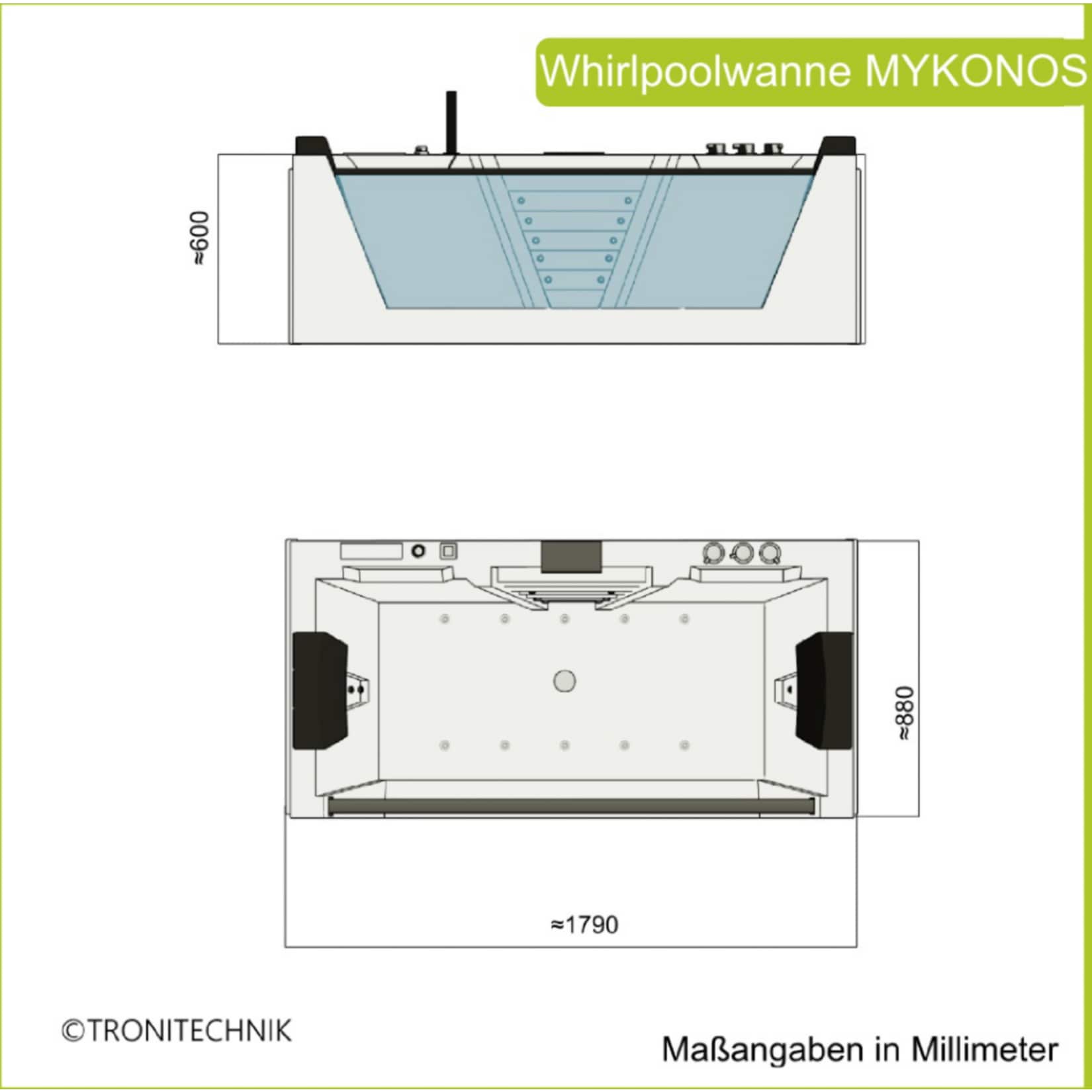 TroniTechnik® Whirlpool Badewanne MYKONOS 180cm x 88cm mit Heizung, Wasserfall, Hydromassage und Farblichtherapie, Sanitäracryl
