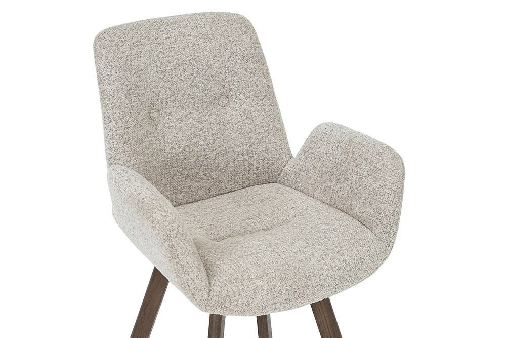 Drehbarer Design Stuhl BALTIC taupe Bouclé Tweed Soft Eiche Massivholz