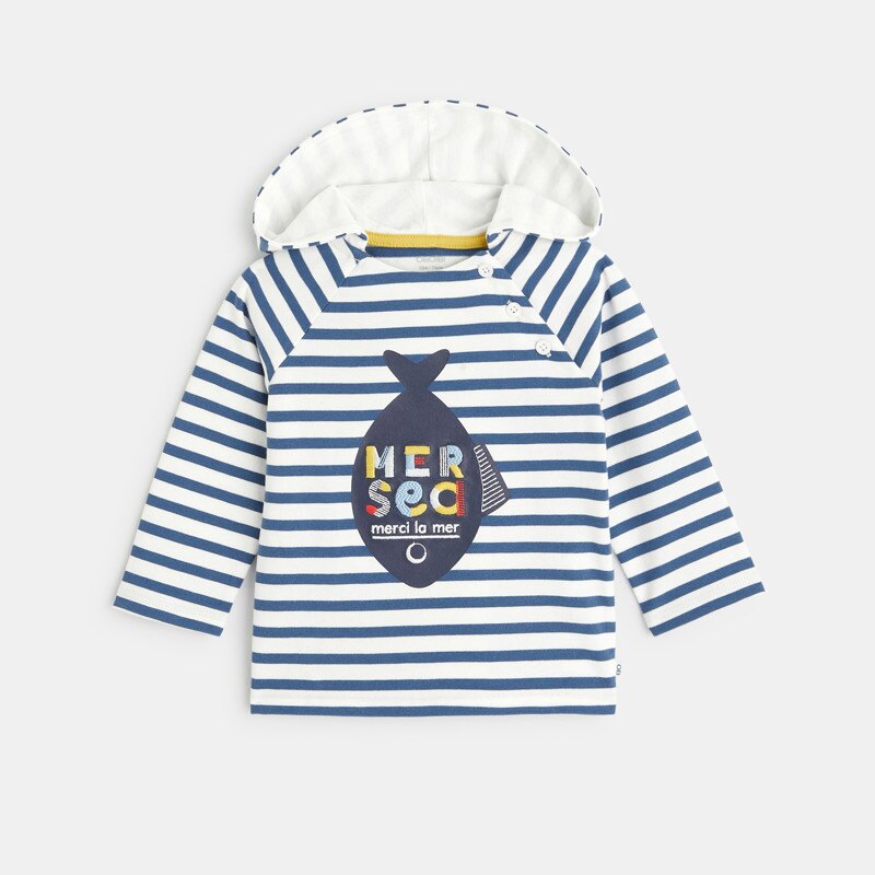 Pull léger rayé à capuche bleu bébé garçon Bleu