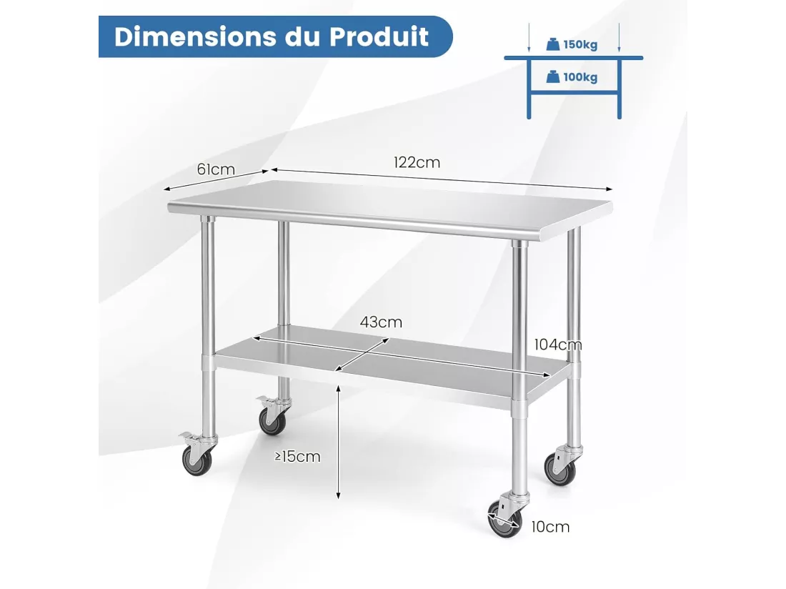 Table de Travail Cuisine en Acier Inoxydable 61 x 92 x 90 cm, Plan de Travail Cuisine avec 2 Étagère, Charge 250 kg, Extérieur/Intérieur pour Cuisine, Restaurant, Jardin, Hôtel