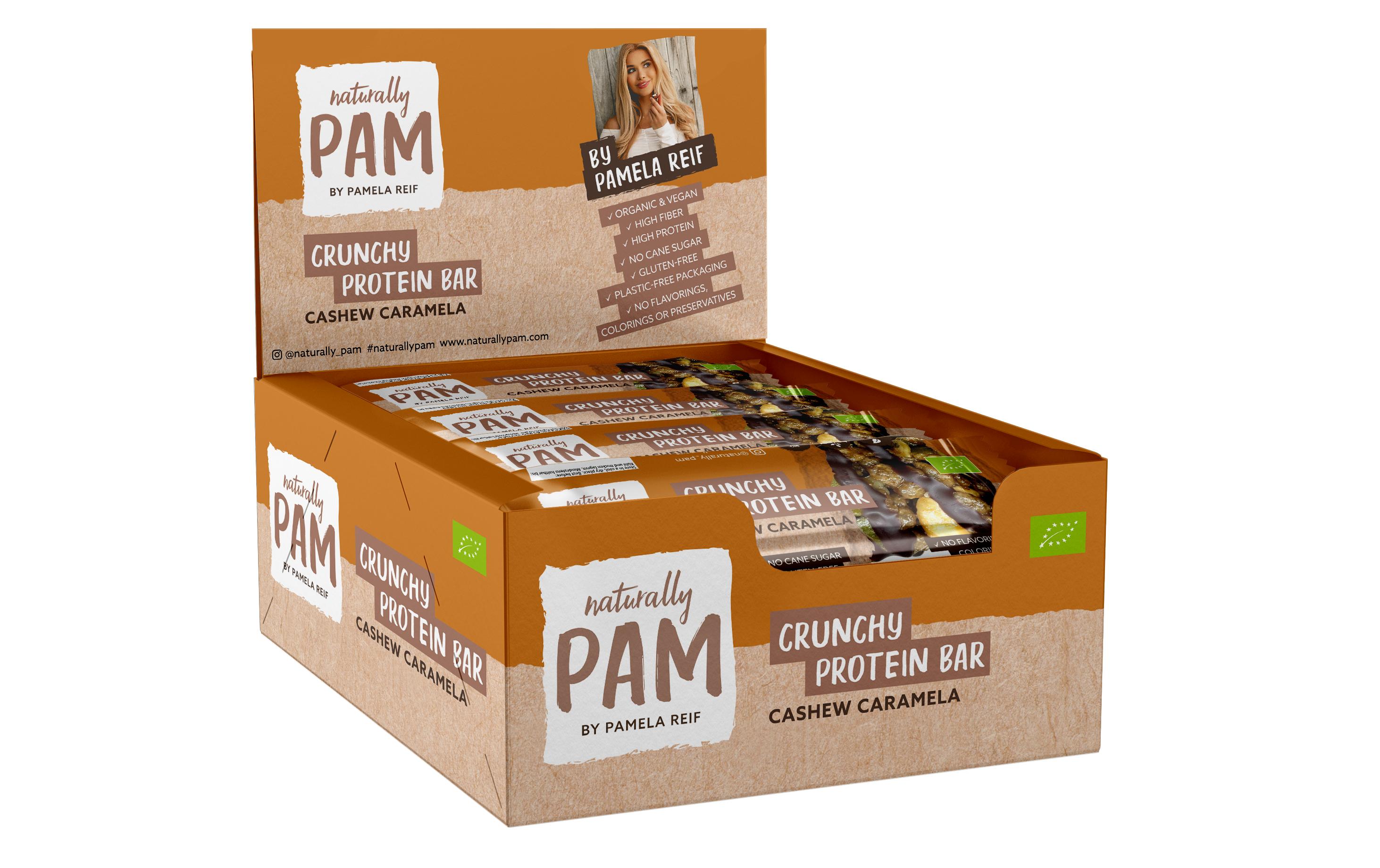 Riegel Bio Crunchy Protein Cashew Caramel 12 x 30 gKnuspriger Bio-Proteinriegel von Pamela Reif