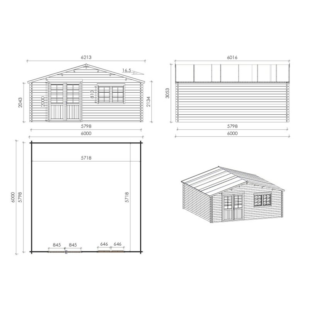 Abri de jardin en bois - 6x6 m - 48 m2 + terrasse avec balustrade et avant-toit en bois