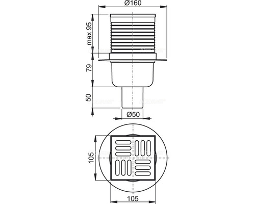 Alcadrain vloerafvoer 105 mm x 105 mm met verticale uitloop DN 50 mm, RVS rooster, stankafsluiter met waterslot