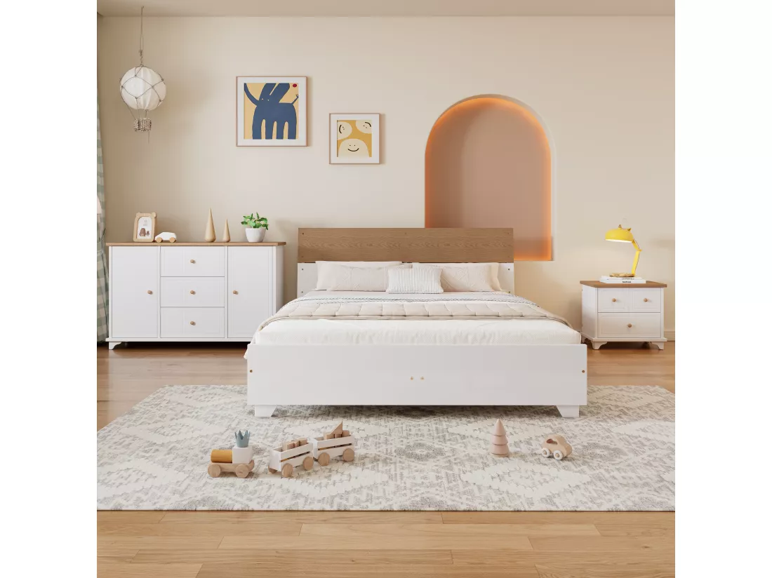 Ensemble chambre complet - lit adulte 160 x 200 cm avec table de chevet + commode - Pin+MDF - blanc + naturel