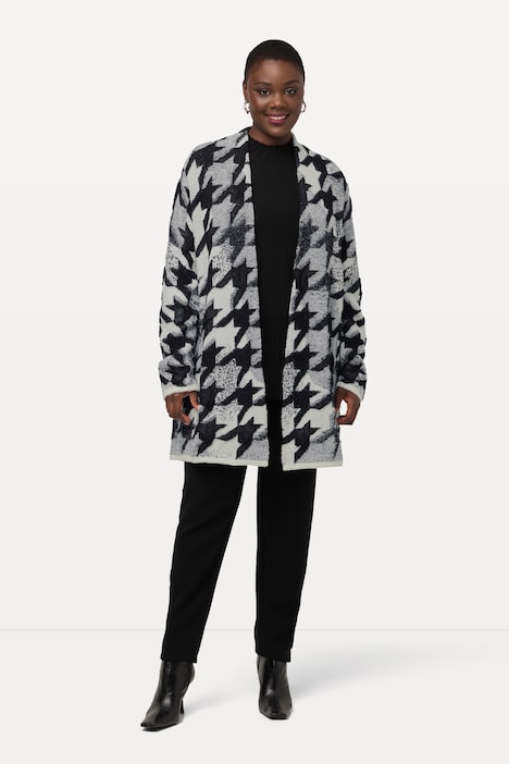 Strickjacke, Longform, Woll-Mix, Hahnentritt, offene Form, Langarm