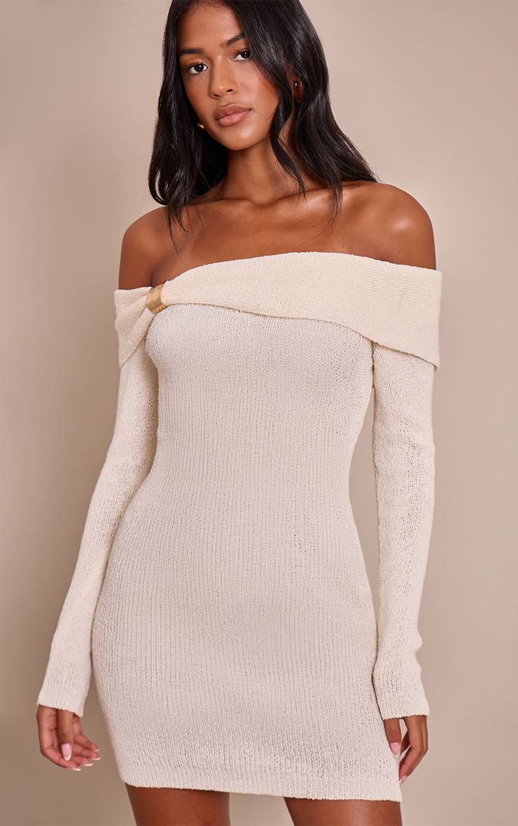 Crème Robe Moulante En Maille Avec Détail Bardot Et Finitions Contrastées - Tall
