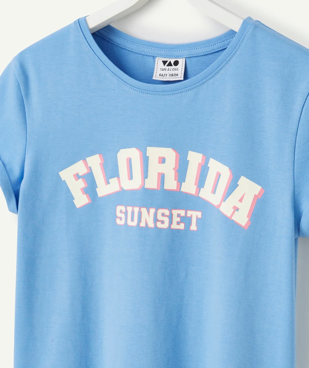 t-shirt manches courtes fille en coton bio bleu message floride