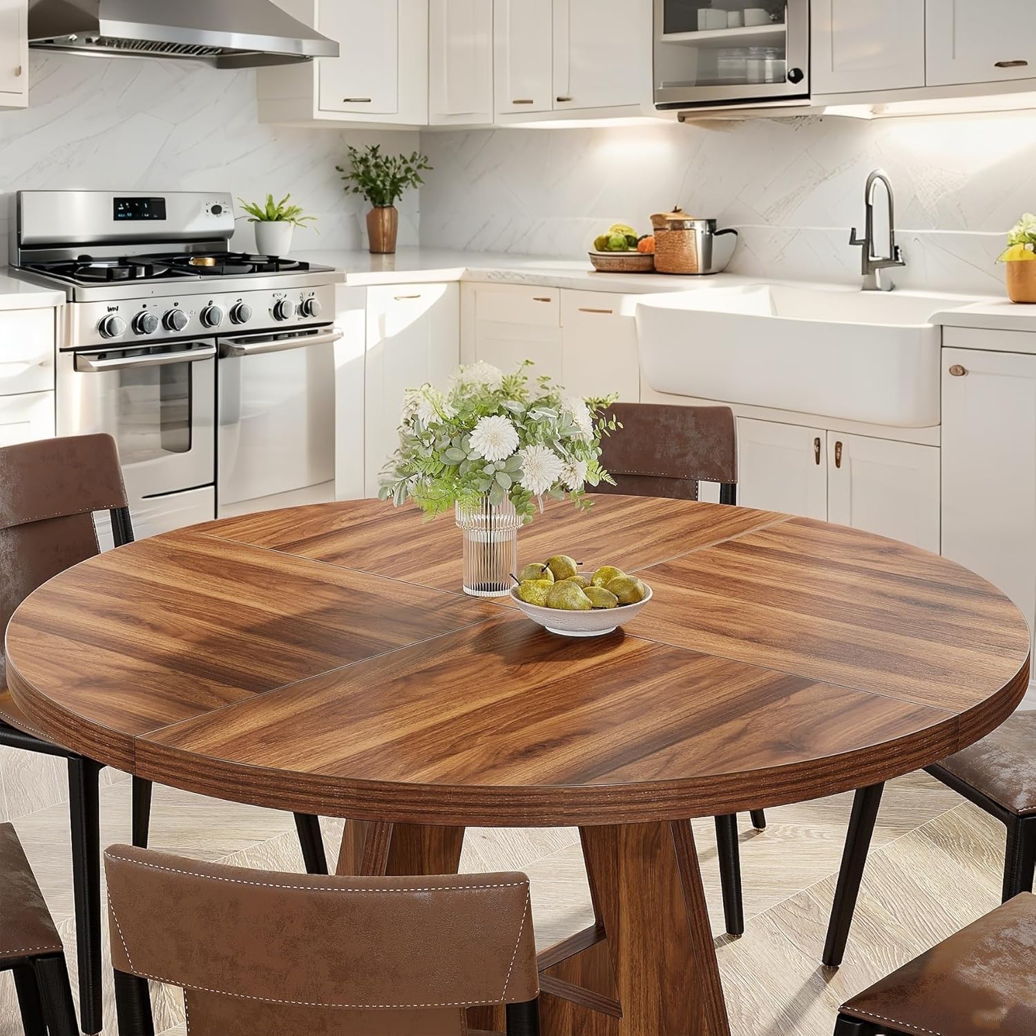 Runder Esstisch, Küchentisch, Hölzern Esszimmer Tisch, 120 cm Esszimmertische für 4 Personen, Bauernhaus Esstisch für Wohnzimmer, Rustikales Braun LI7853826