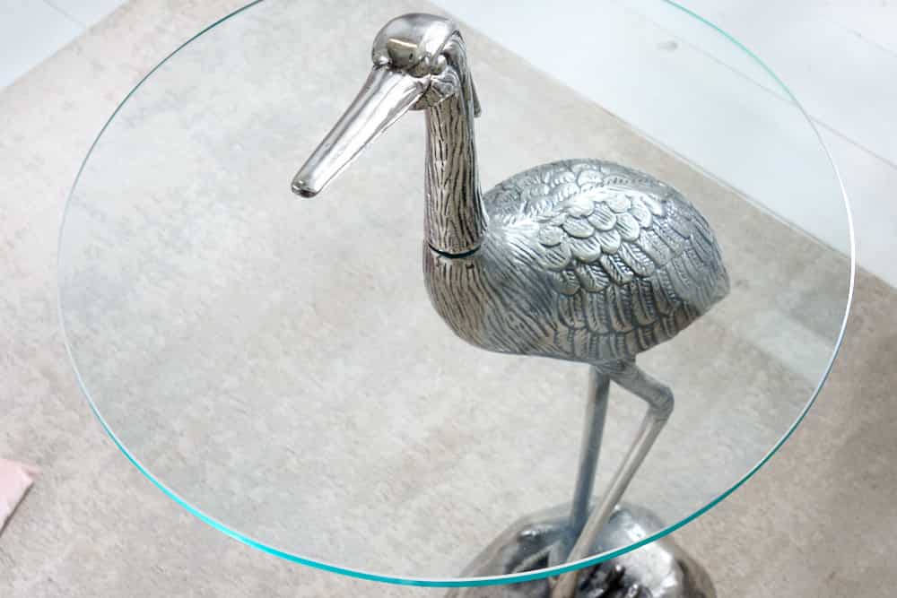 Runder Beistelltisch WILDLIFE HERON 90cm silber Metall Glas Fischreiher Skulptur handmade