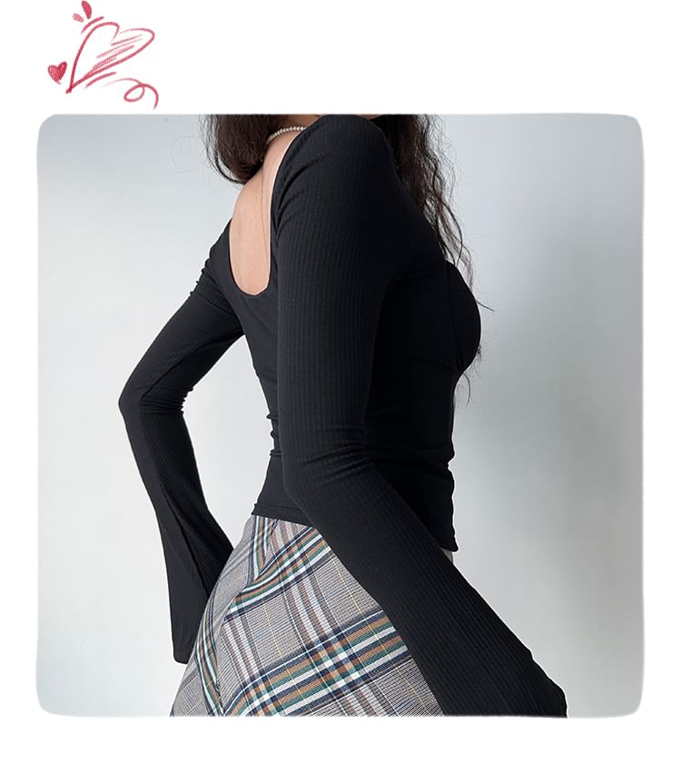 Sinora - Lange mouwen, effen crop top met vierkante hals