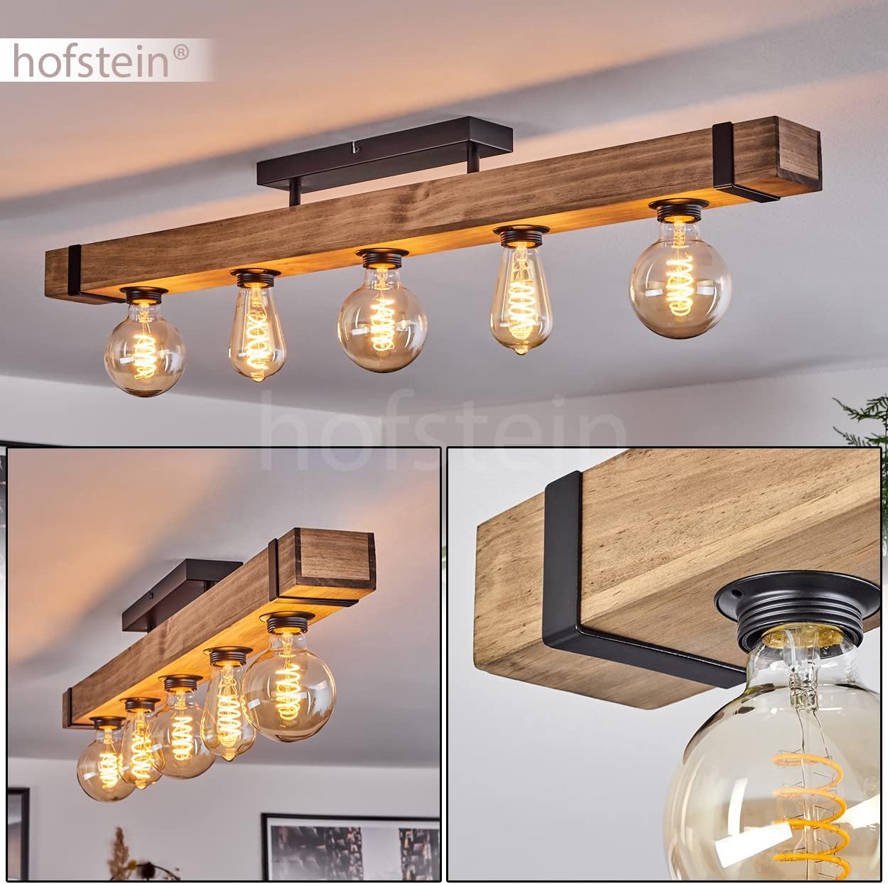 Deckenleuchte Montgomery, moderne Deckenlampe aus Metall/Holz in Schwarz/Natur, Leuchte im skandinavischen Design mit Holzbalken (100 cm), 5-flammig, 5 x E27-Fassung, Wohnzimmer, Küche, Flur, Büro