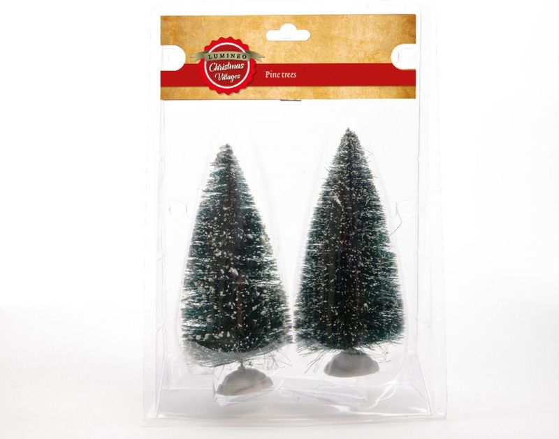 2x stuks kerstdorp onderdelen miniatuur dennenbomen/kerstbomen 15 cm - Kerstdorp maken - Kerstversiering