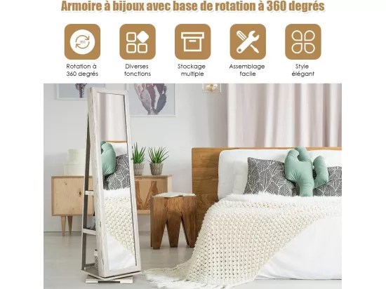 Armoire à Bijoux Pivotante à 360 Degrés, Organisateur de Bijoux sur Pieds, avec Grand Miroir Psyché et Etagère de Rangement à L’Arrière (Blanc)