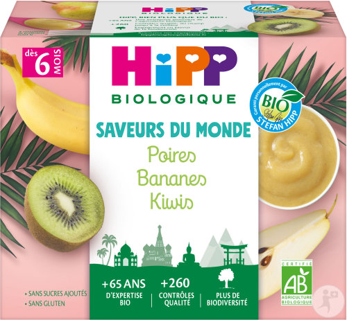 HIPP Biologique Saveurs Du Monde Poires Bananes Kiwis Dès 6 Mois Coupelles 4x100g