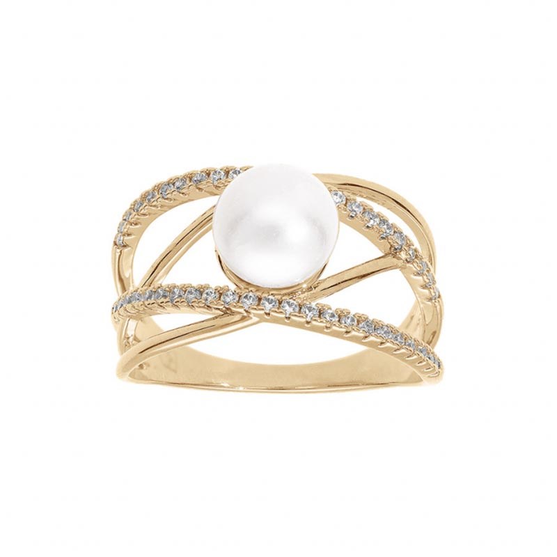 Bague croisée plaqué or et perle blanche d'eau douce