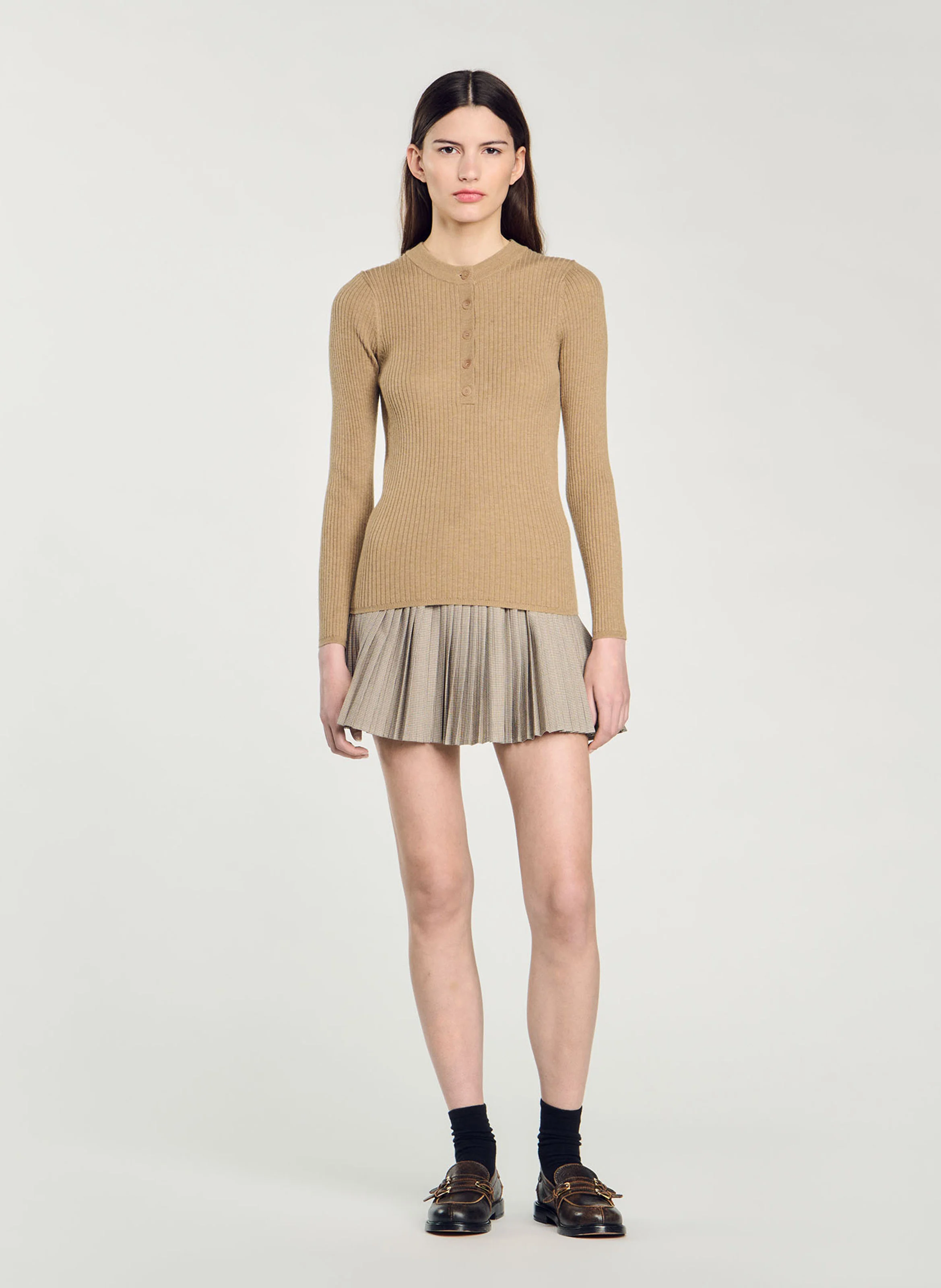 Pull col rond en maille côtelée | Kaki