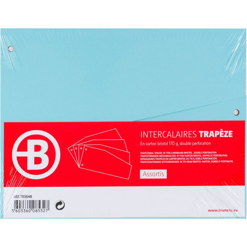 Intercalaires trapèze assortis perforés Bruneau - 11,7 x 23 cm - Paquet de 100