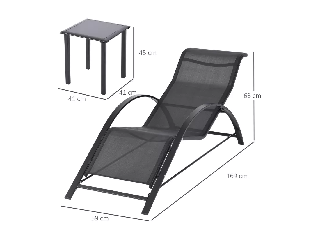 Lot de 2 bains de soleil design contemporain table basse plateau verre trempé métal époxy textilène noir