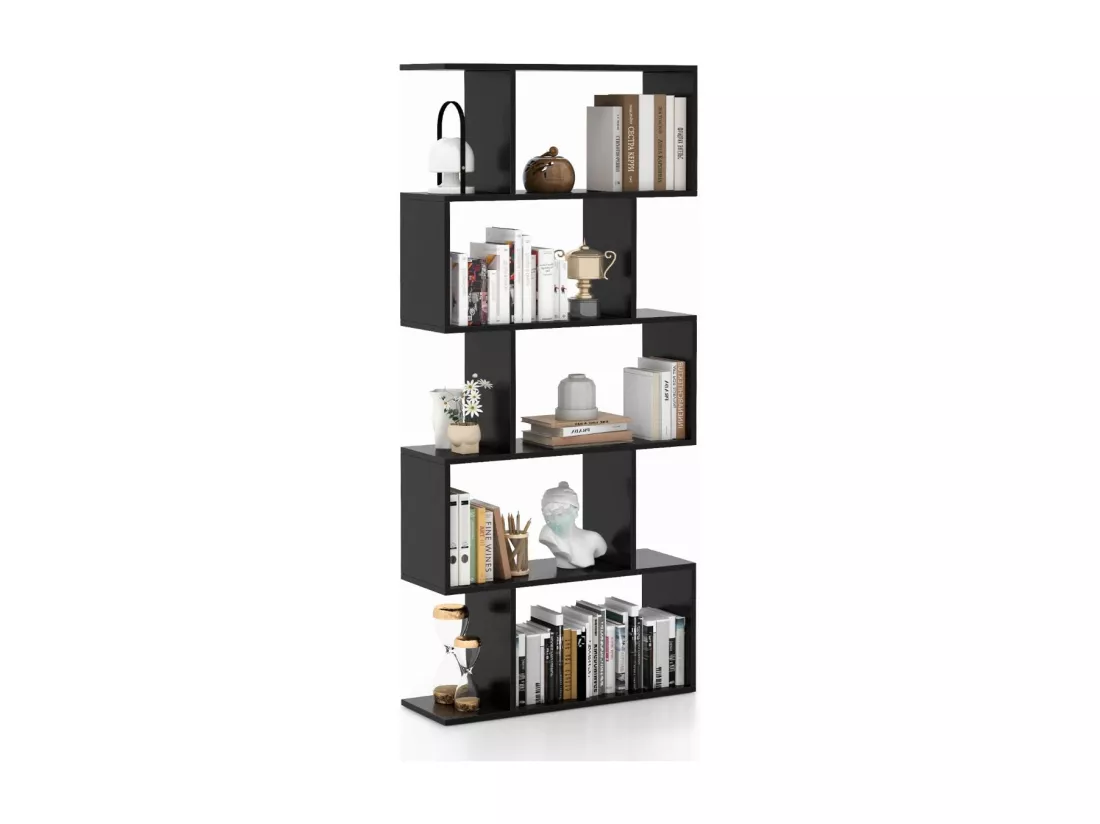 Bibliothèque en Forme de S, Étagère à 5 Niveaux, Meuble de Rangement avec Anti-basculement, 70 x 23,5 x 158 cm, pour Salon, Chambre, Bureau, Noir