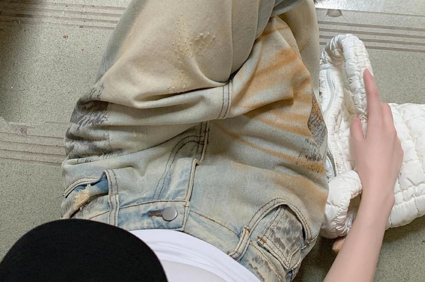 Coline - Mid Waist Washed Distressed Wide Leg Jeans