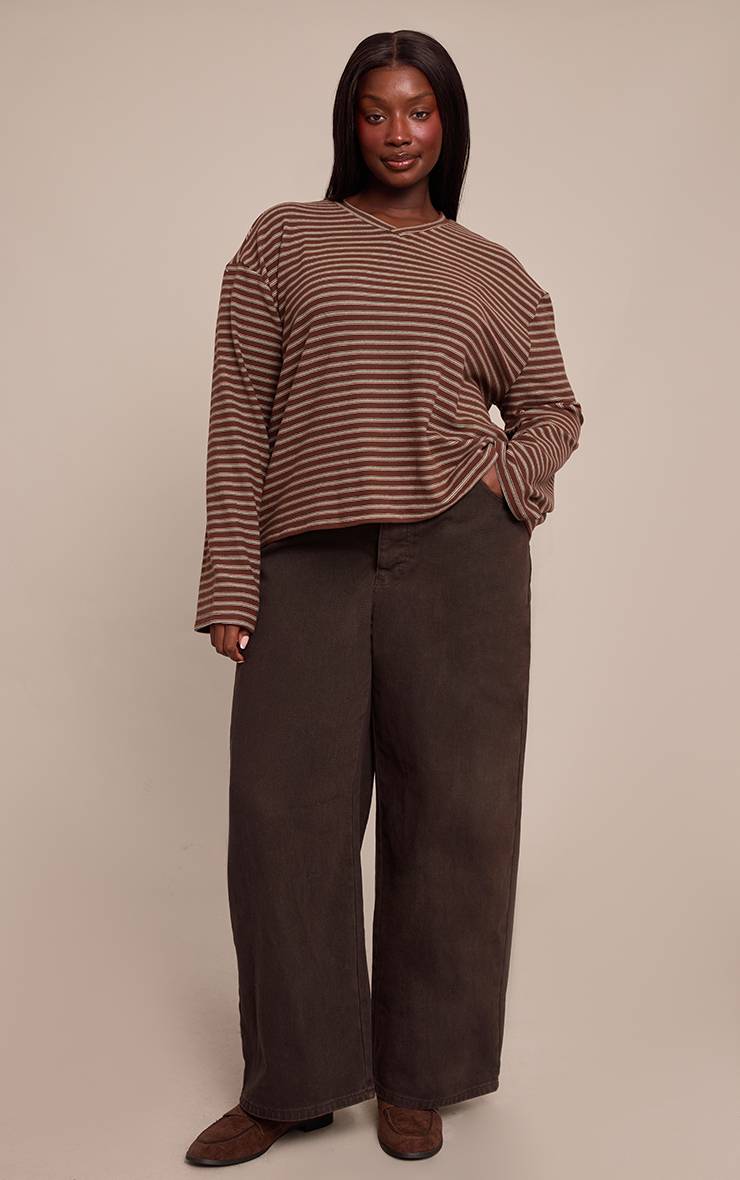 Chocolat Sweat-shirt Grande Taille En Polaire Douce À Rayures Avec Encolure En V Ensemble Coordonné