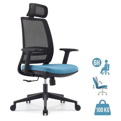 Fauteuil de bureau OPEN - accoudoirs réglables - appuie-tête réglable - bleu