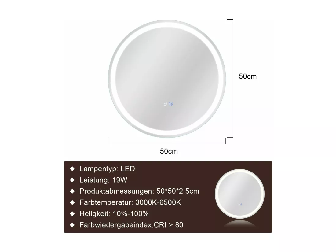 NETTLIFE Miroir lumineux salle de bain - Rond 50 cm LED, mural, interrupteur tactile, antibuée, IP44, réglable 3000K-6500K