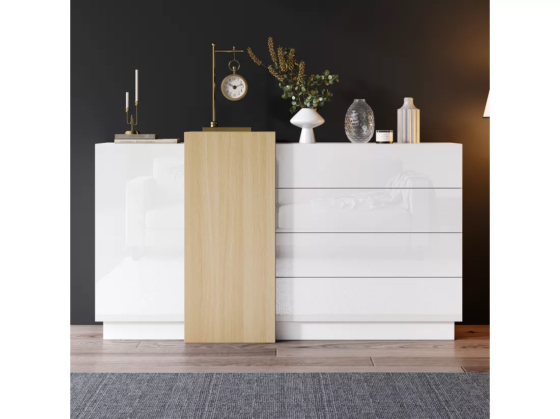 Buffet avec 3 tiroirs et 4 portes - 160 x 37 x 75 cm - Bois MDF - Couleur blanc brillant et bois
