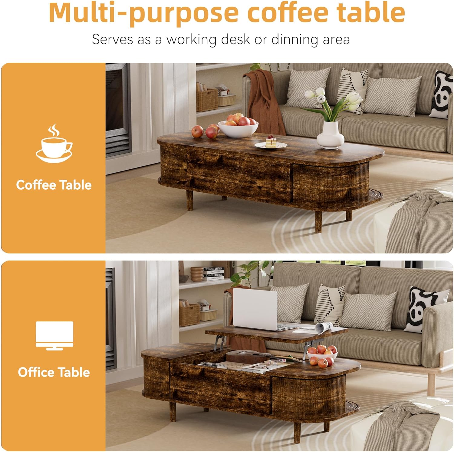 Couchtisch mit Hebeplatte – Moderner Holztisch mit Einzigartiger Textur & Verstecktem Stauraum, Kaffeetisch für Wohnzimmer, Schlafzimmer, Kleine Räume, Home Office