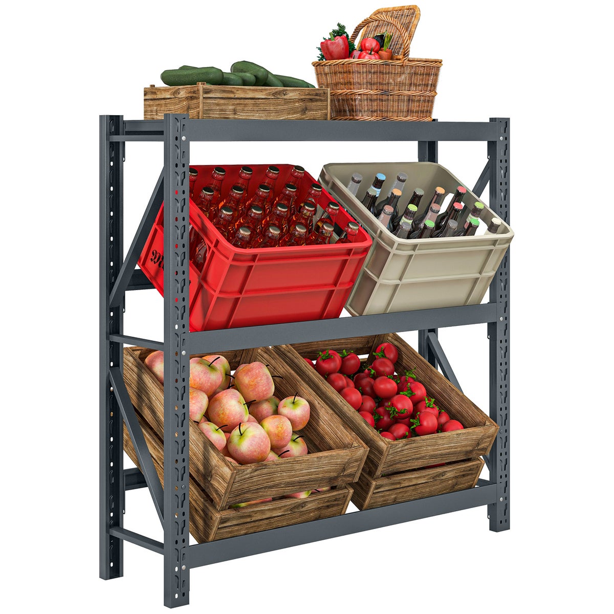 HOMCOM Drankkrattenrek voor 6 kratten, met plank, vrijstaand drankenrek met verstelbare plankhoogte, 110 x 30 x 110 cm, krattenrek met kantelbeveiliging, staal, grijs