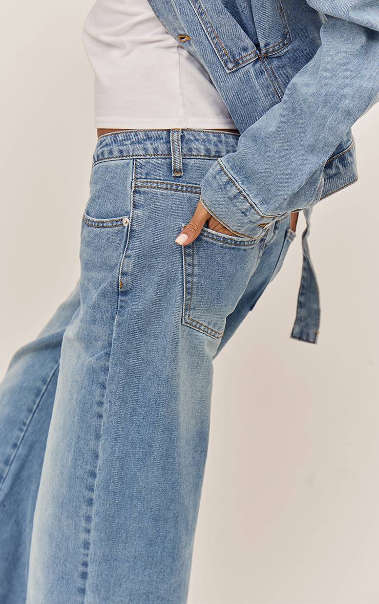Mid Blue Wash Jean Droit À Taille Échancrée