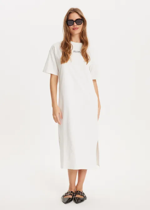 Maxi t-shirt jurk met tekst print off-white (WIT.O)