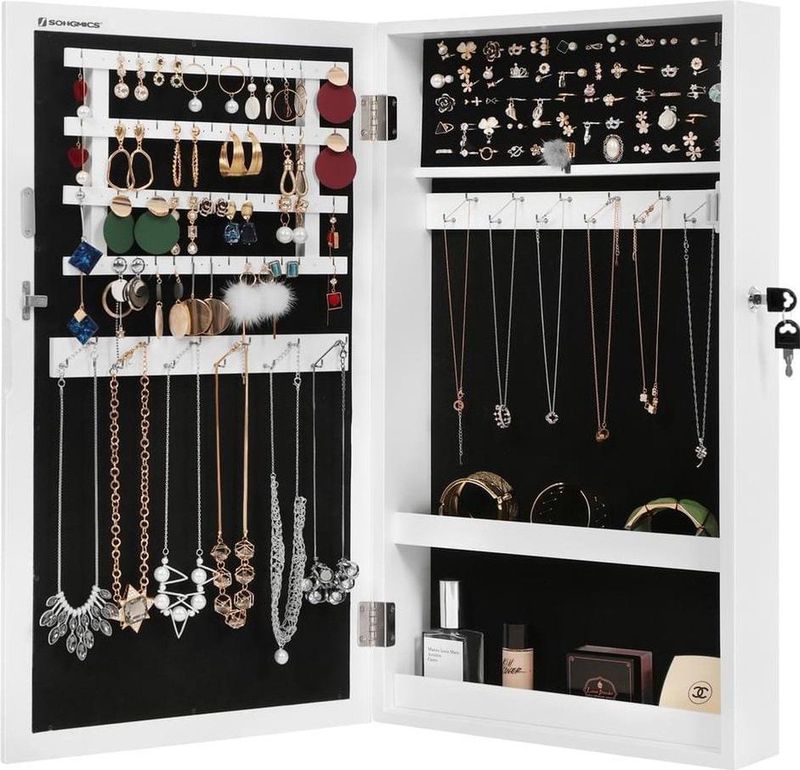 Songmics Sieradenkast Met Spiegel - Spiegeldeur Kast - Hangende Sieraden Spiegelkast - Passpiegel