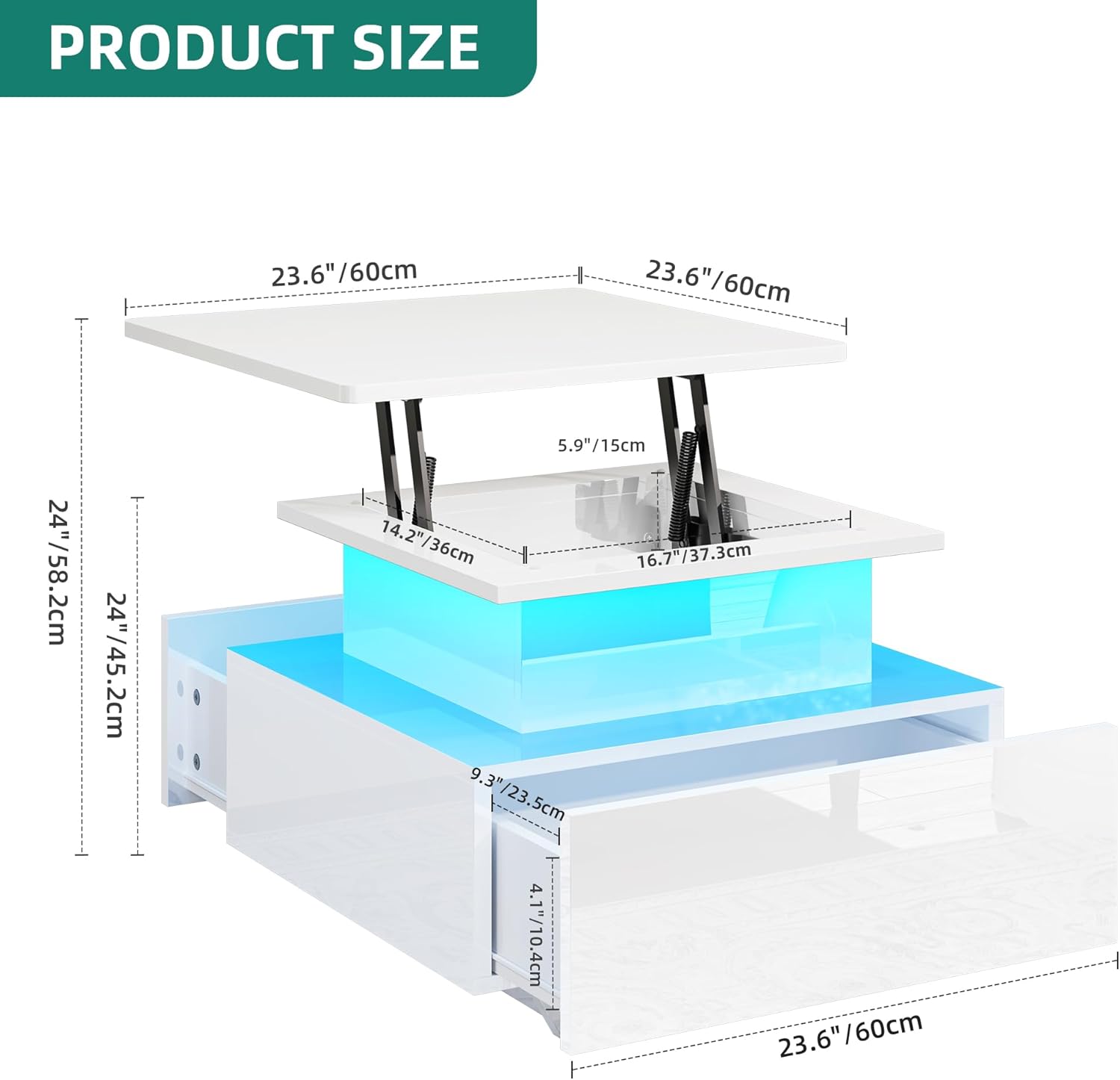 YITAHOME Couchtisch Höhenverstellbar mit LED Beleuchtung Modern, 60x60x45cm, Wohnzimmertisch Hochglanz mit Offenem Ausstellungsregal und 2 Schubladen