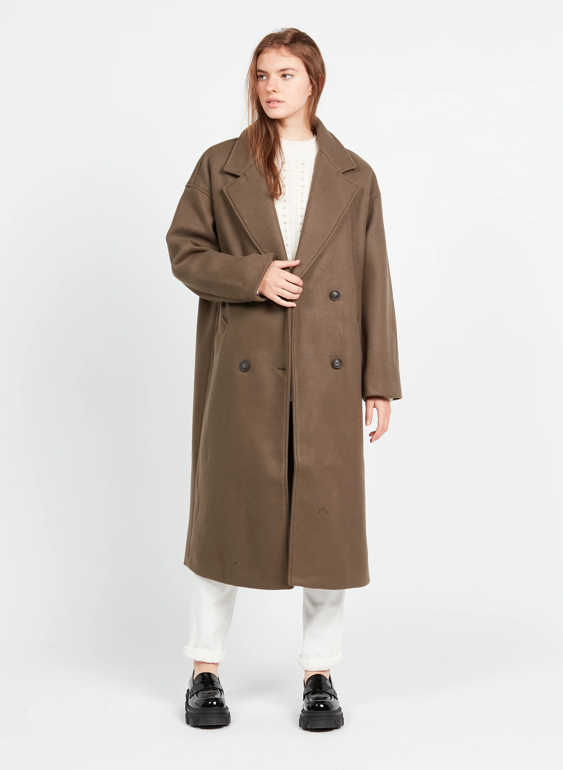 Manteau long col tailleur | Marron