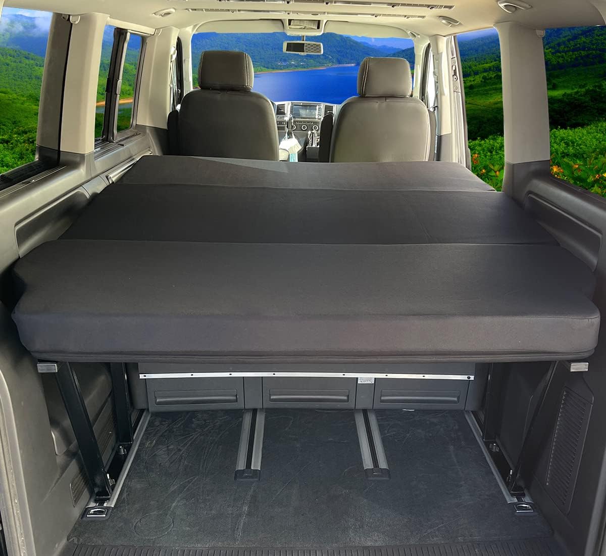 BREMER SITZBEZÜGE Multiflexboard kompatibel mit VW T5 T6 T6.1 Multivan im Set Bettverlängerung Camper Schlafauflage Höhe 51cm inkl. Konsolen & Klappmatratze Kunstleder Schwarz