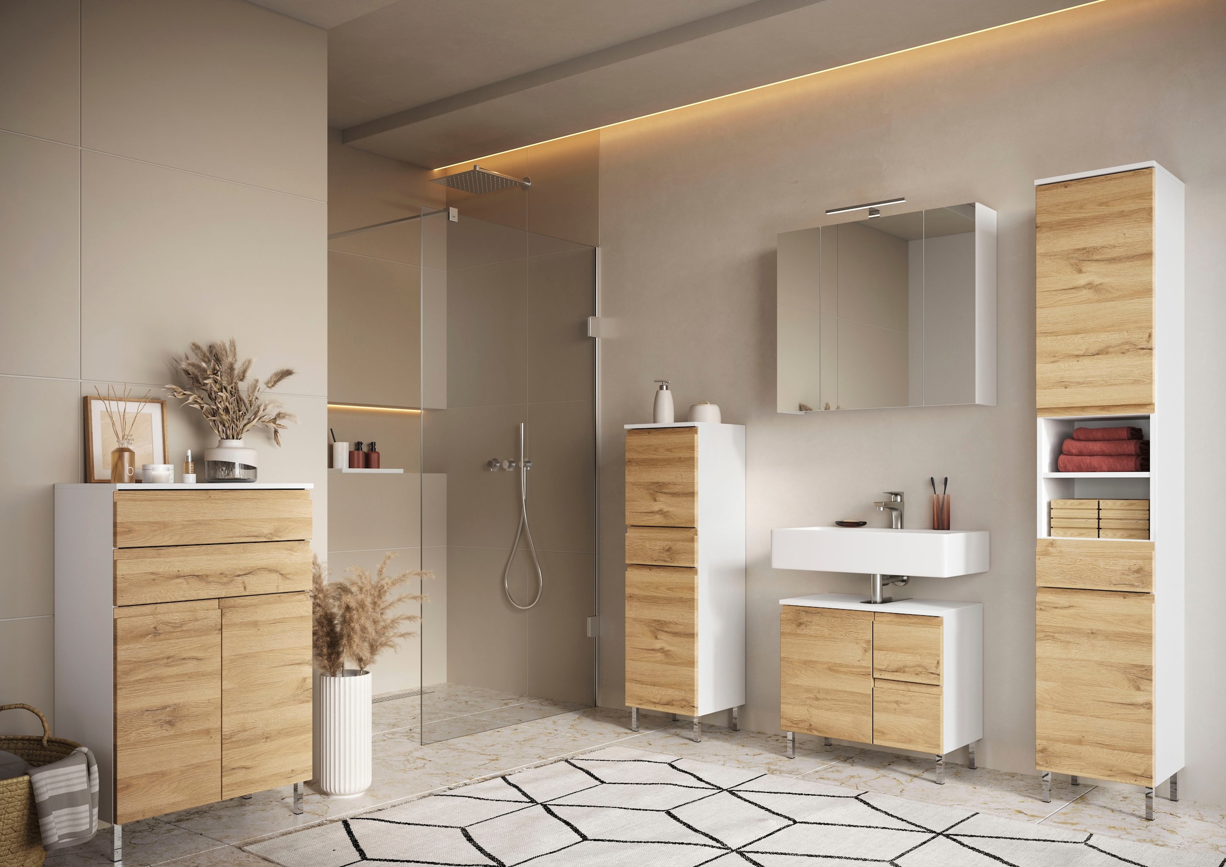 GERMANIA Waschbeckenunterschrank »Torrance« in 2 Breiten,  mit Schublade & Füssen aus Metall, griffloses Design, Made in Germany